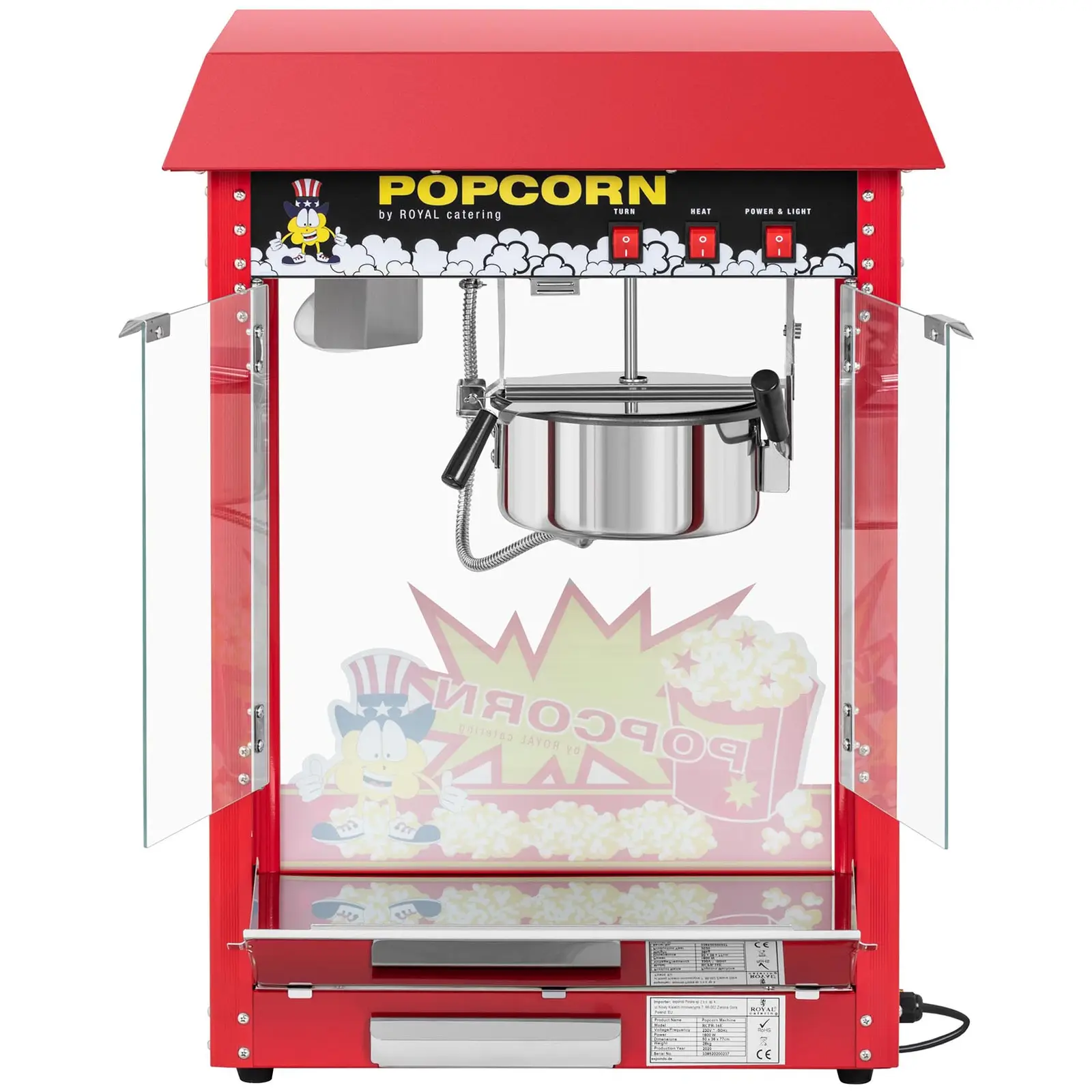 Mała maszyna do popcornu - stal nierdzewna, aluminium, szkło hartowane, powłoka teflonowa 