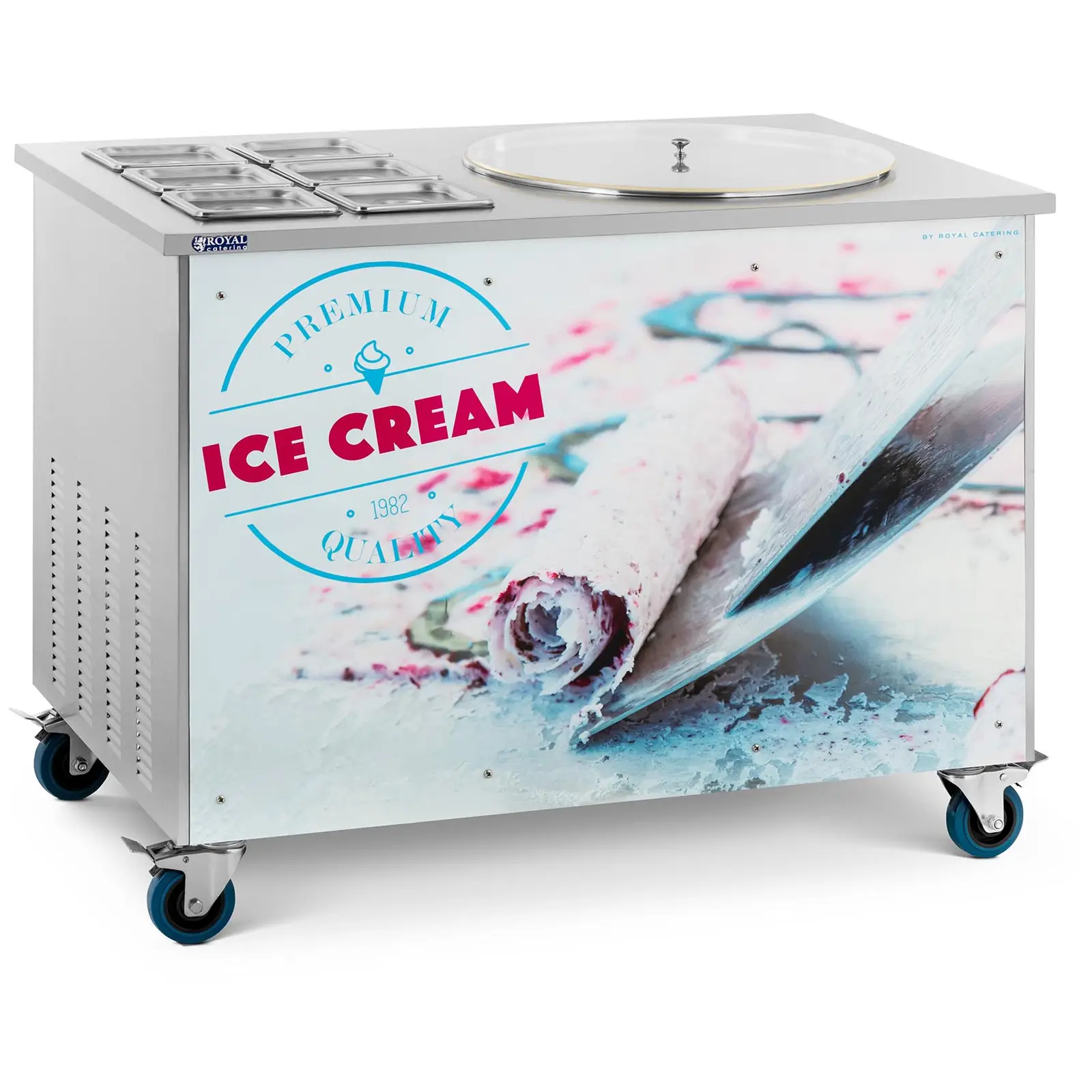 Maszyna do lodów rolowanych - do lodów tajskich - Ø50 x 2,5 cm - 6 pojemników z pokrywkami - Royal Catering