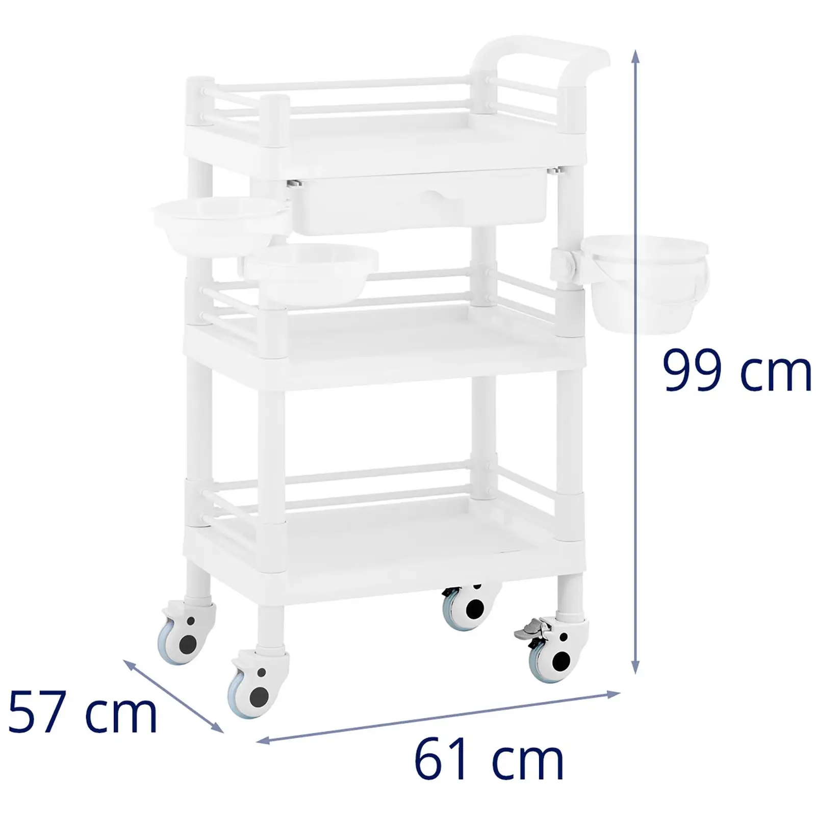 Wózek laboratoryjny - 3 półki po 43 x 30 x 5 cm - 1 szuflada - 3 pojemniki - 30 kg