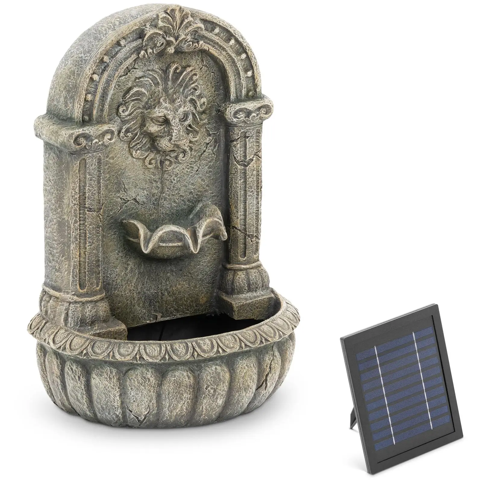 Fontanna ogrodowa solarna - głowa lwa i ozdobna misa - oświetlenie LED