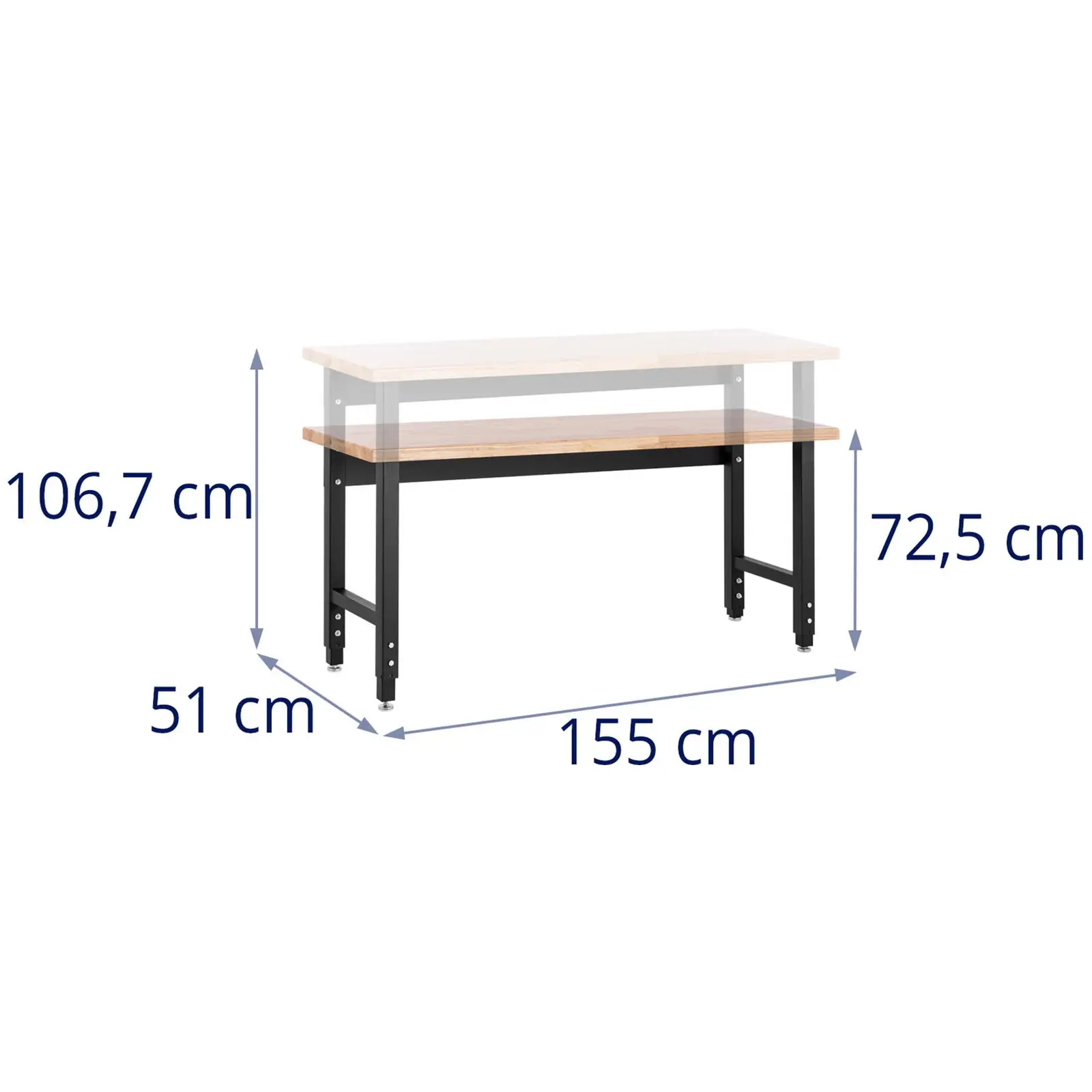 Stół warsztatowy - 155 x 51 cm - regulowana wysokość 72,5-106,7 cm - 680 kg