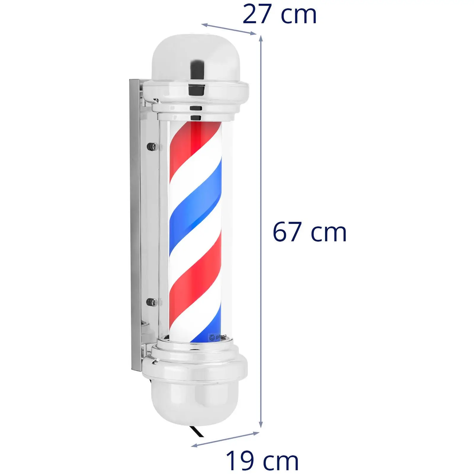 Słupek barberski - obrotowy i podświetlany - wysokość 380 mm - odległość od ściany 25 cm - srebrna rama