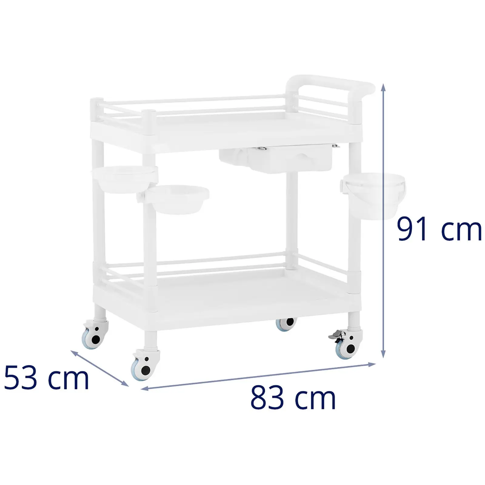 Wózek laboratoryjny - 2 półki po 65 x 47 x 5 cm - 1 szuflada - 3 pojemniki - 40 kg